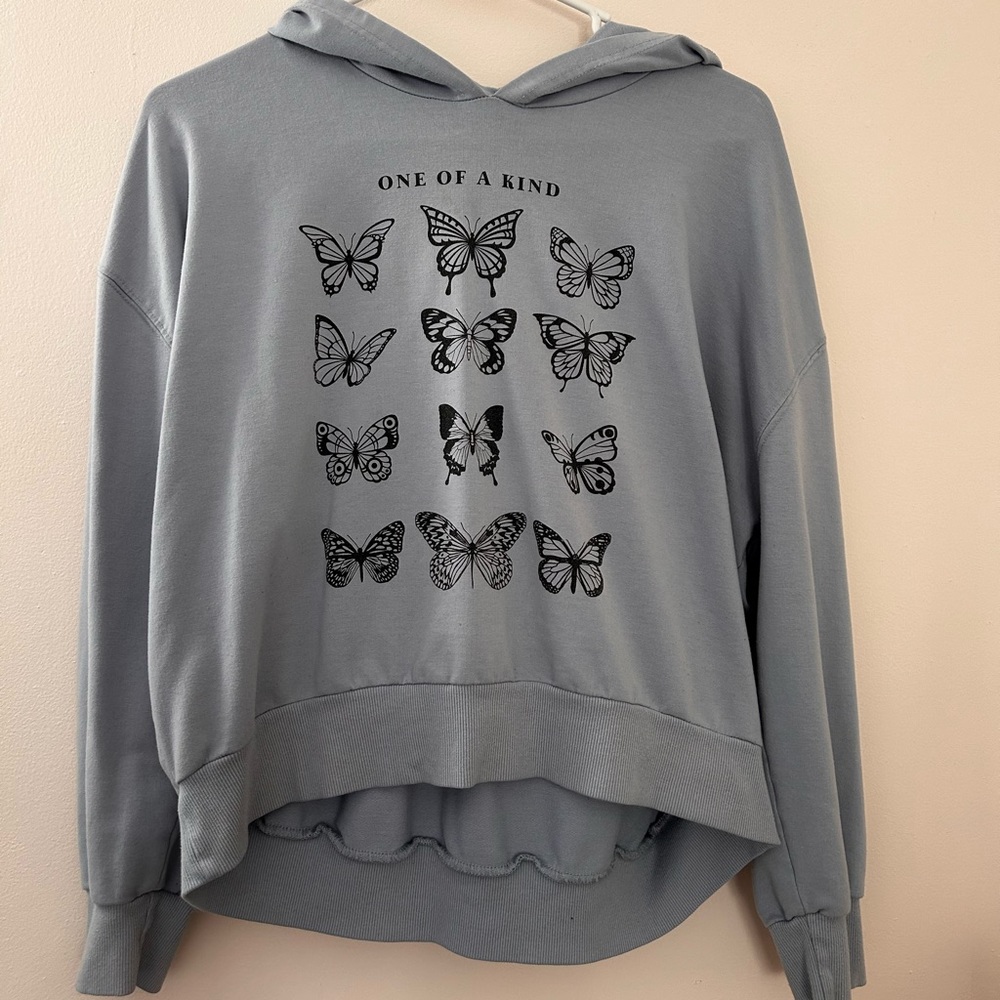 Light blue ~ONE OF A KIND~ butterfly hoodie; pretty lightweight and comfy. 🦋🦋